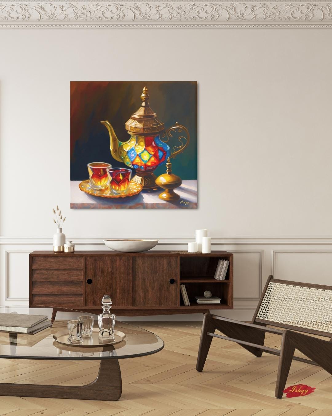 Şafak | Turkish Tea Set Wall Art Canvas Print | IshqyBusiness. Şafak Turkish tea set art print with glowing hues & ornate details. Canvas & framed canvas painting print for kitchen or dining room decor.