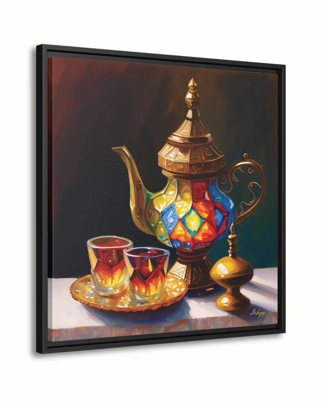Şafak | Turkish Tea Set Wall Art Canvas Print | IshqyBusiness. Şafak Turkish tea set art print with glowing hues & ornate details. Canvas & framed canvas painting print for kitchen or dining room decor.