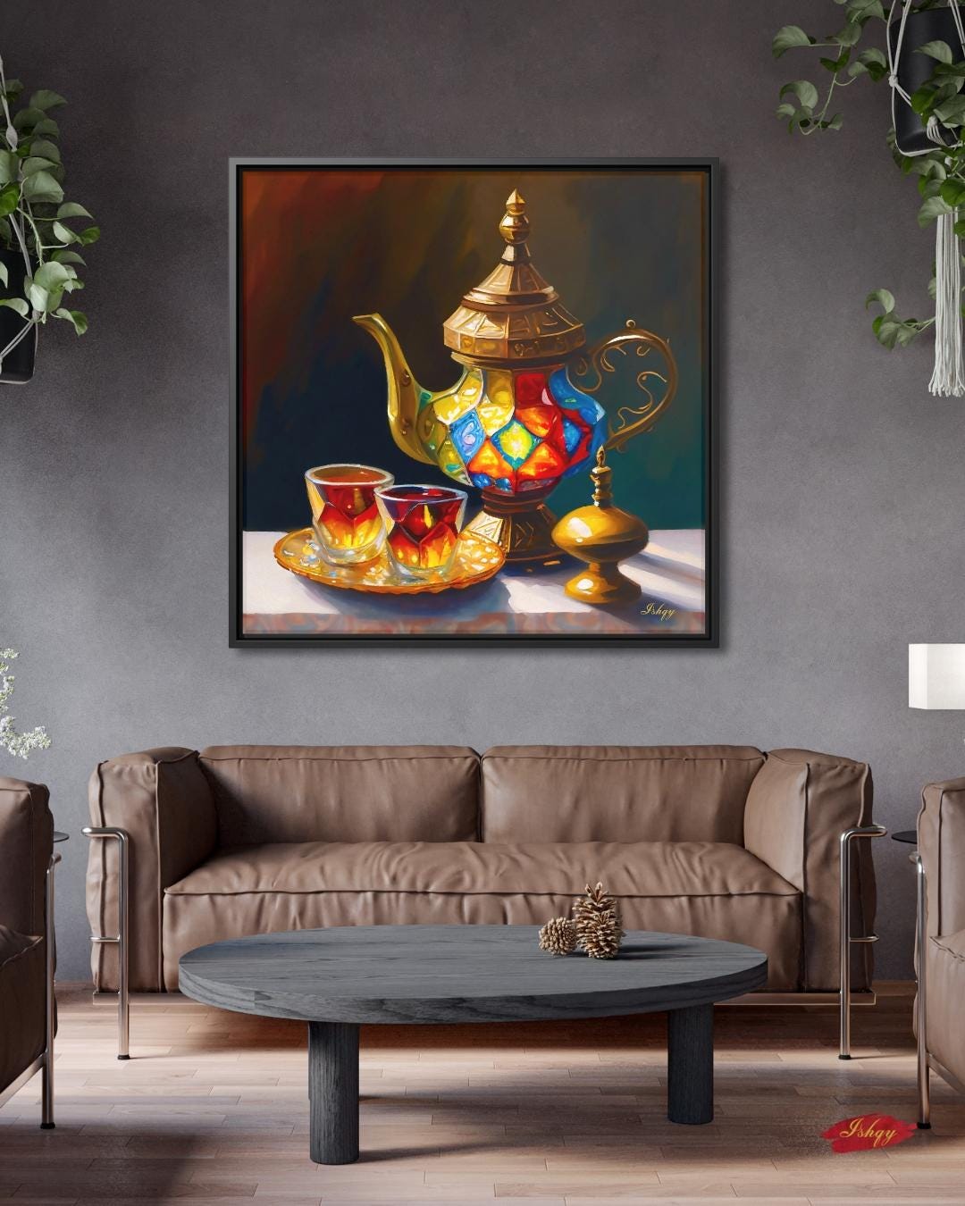 Şafak | Turkish Tea Set Wall Art Canvas Print | IshqyBusiness. Şafak Turkish tea set art print with glowing hues & ornate details. Canvas & framed canvas painting print for kitchen or dining room decor.
