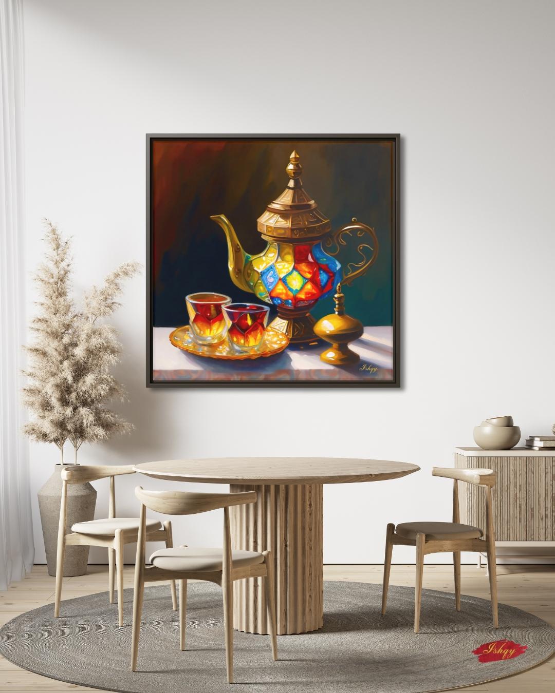 Şafak | Turkish Tea Set Wall Art Canvas Print | IshqyBusiness. Şafak Turkish tea set art print with glowing hues & ornate details. Canvas & framed canvas painting print for kitchen or dining room decor.