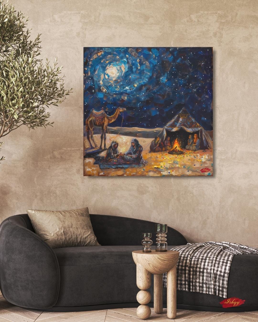 Layl | Bedouin Desert Night Wall Art Canvas Print | IshqyBusiness. Layl Bedouin desert night art print with starry sky & campfire glow. Canvas & framed canvas painting print for living room or hallway decor.