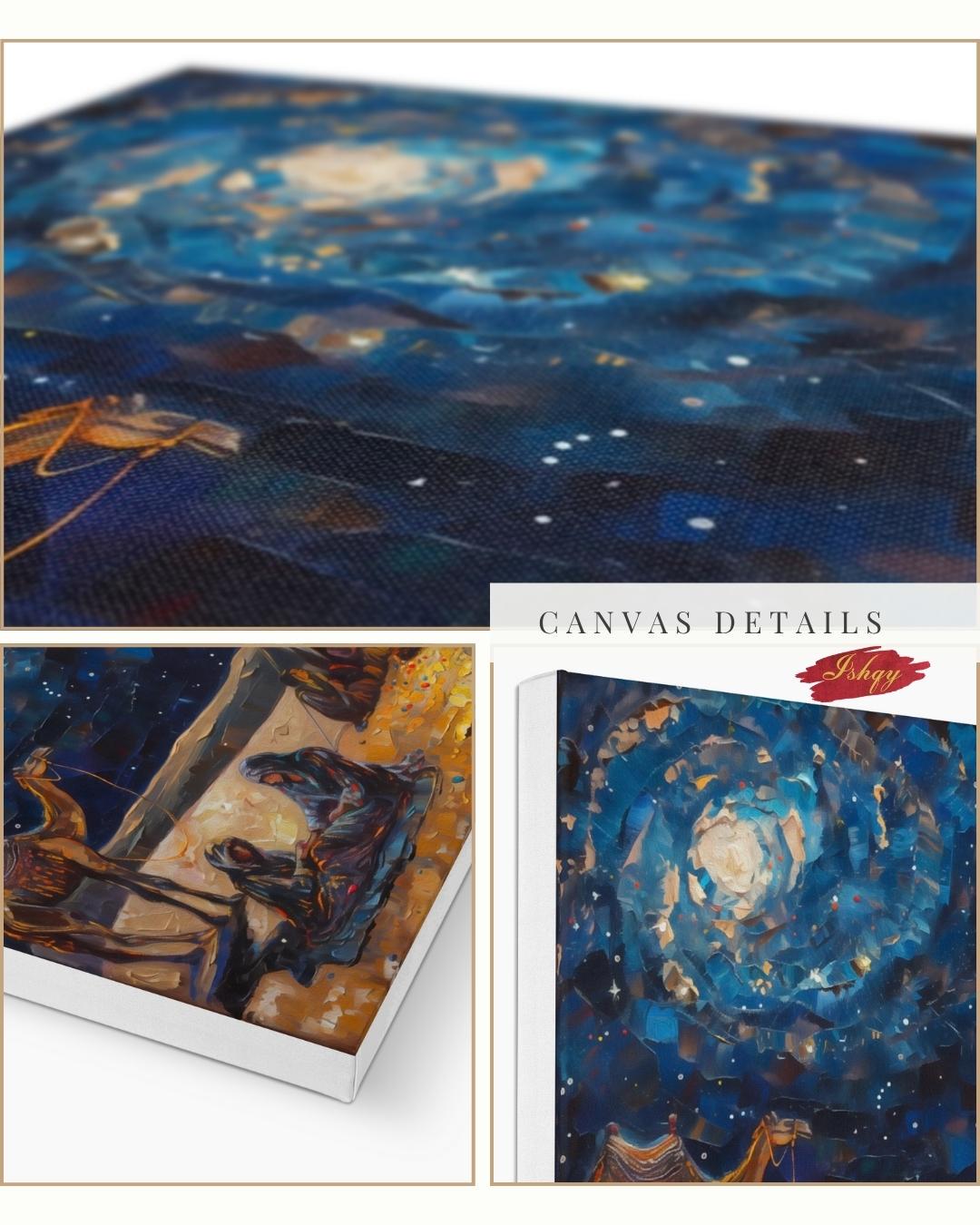 Layl | Bedouin Desert Night Wall Art Canvas Print | IshqyBusiness. Layl Bedouin desert night art print with starry sky & campfire glow. Canvas & framed canvas painting print for living room or hallway decor.
