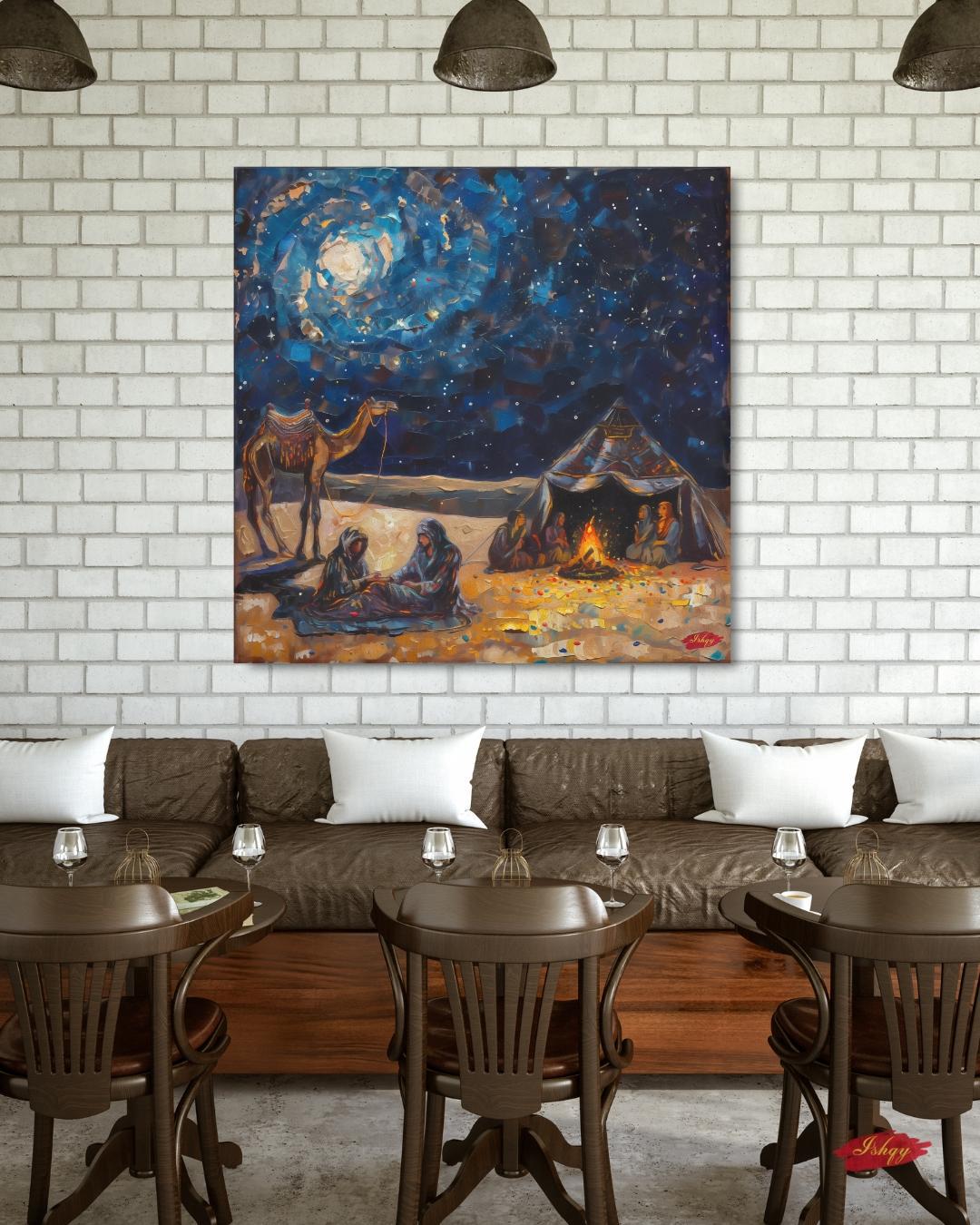 Layl | Bedouin Desert Night Wall Art Canvas Print | IshqyBusiness. Layl Bedouin desert night art print with starry sky & campfire glow. Canvas & framed canvas painting print for living room or hallway decor.