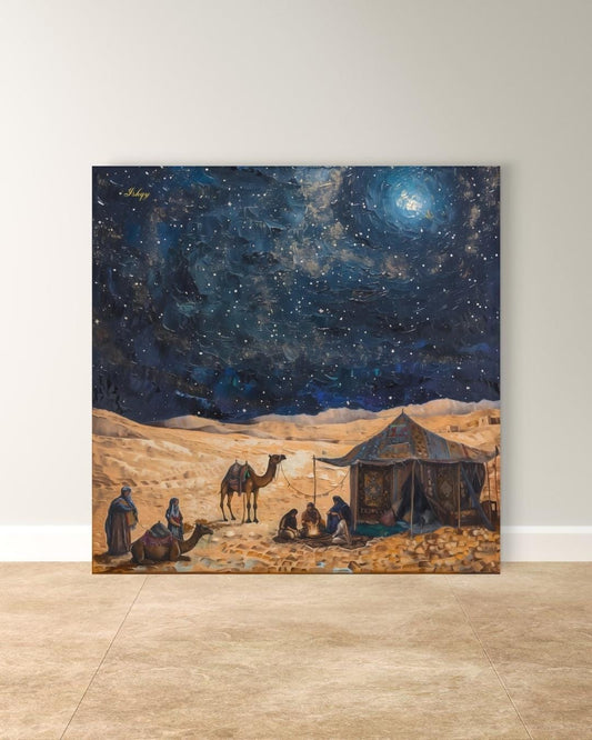 Majlis | Bedouin Desert Gathering Wall Art Canvas Print | IshqyBusiness. Majlis Bedouin desert gathering art print with starry sky & campfire glow. Canvas & framed canvas painting print for living room or hallway decor.