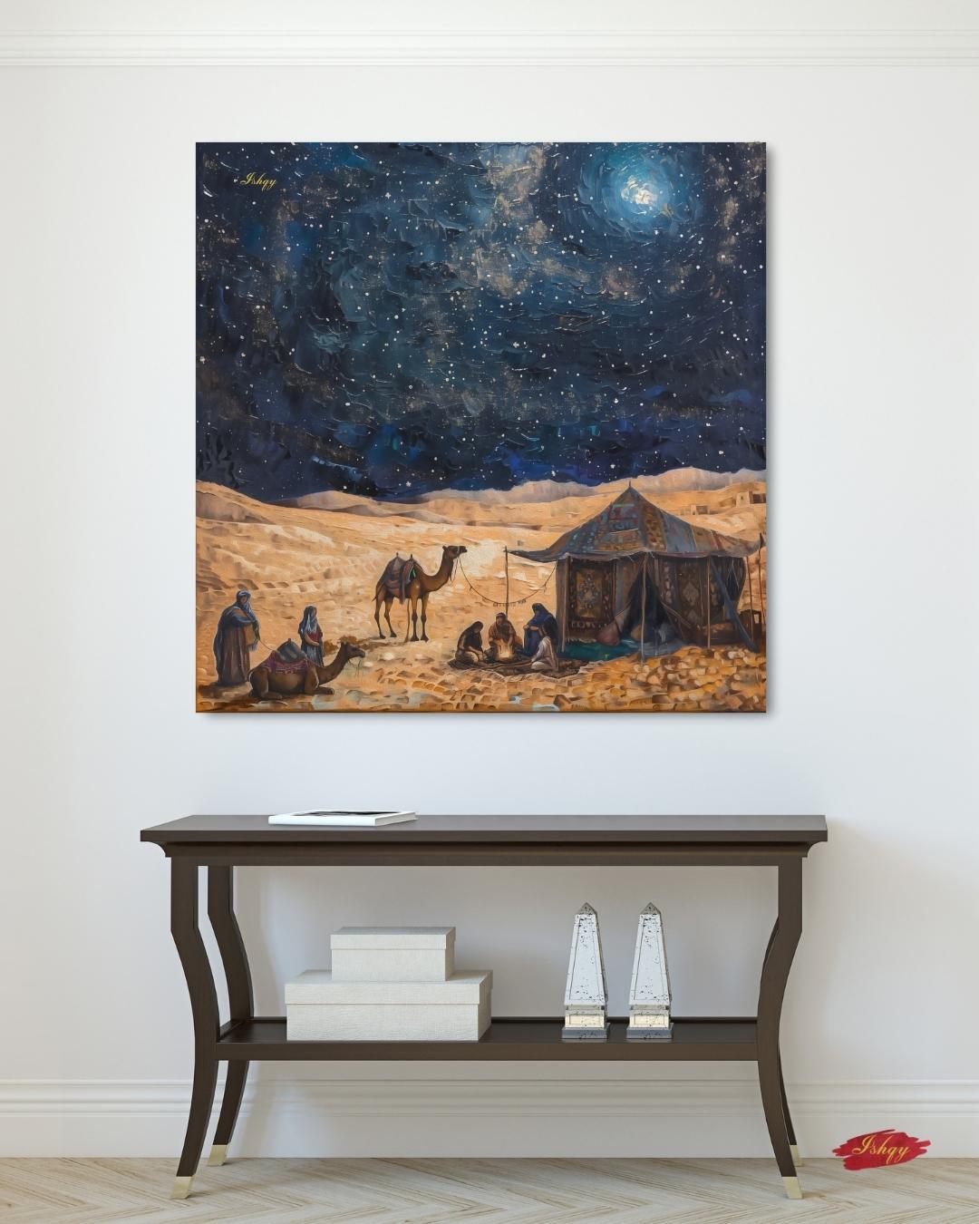 Majlis | Bedouin Desert Gathering Wall Art Canvas Print | IshqyBusiness. Majlis Bedouin desert gathering art print with starry sky & campfire glow. Canvas & framed canvas painting print for living room or hallway decor.