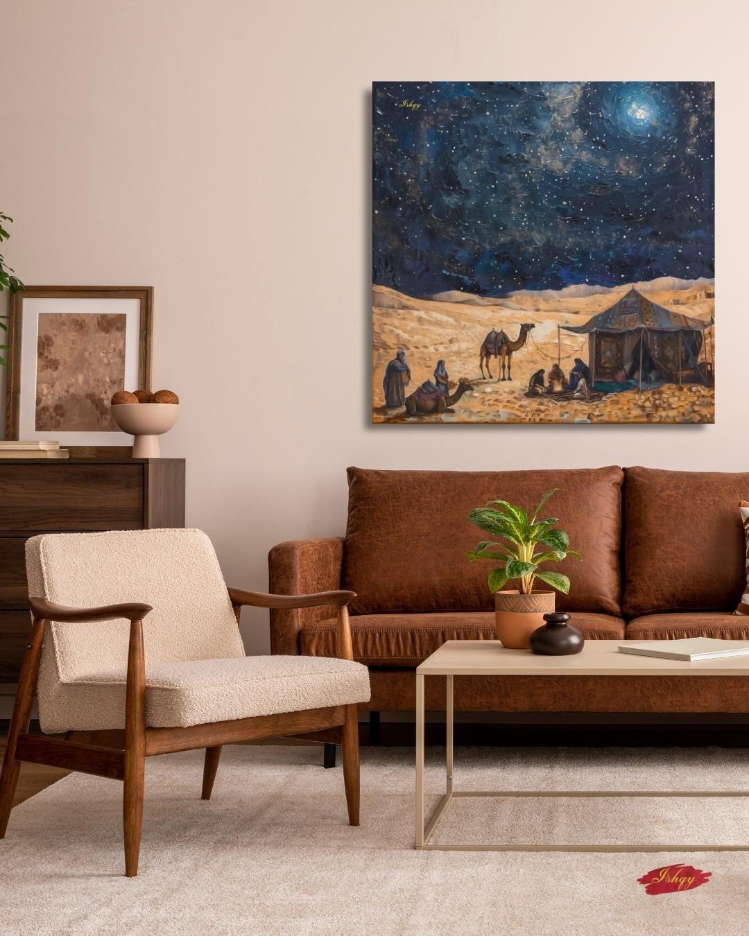 Majlis | Bedouin Desert Gathering Wall Art Canvas Print | IshqyBusiness. Majlis Bedouin desert gathering art print with starry sky & campfire glow. Canvas & framed canvas painting print for living room or hallway decor.