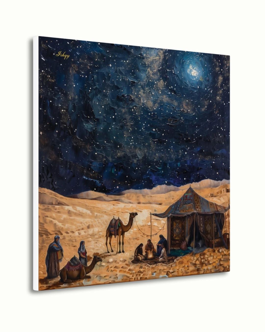 Majlis | Bedouin Desert Gathering Wall Art Canvas Print | IshqyBusiness. Majlis Bedouin desert gathering art print with starry sky & campfire glow. Canvas & framed canvas painting print for living room or hallway decor.