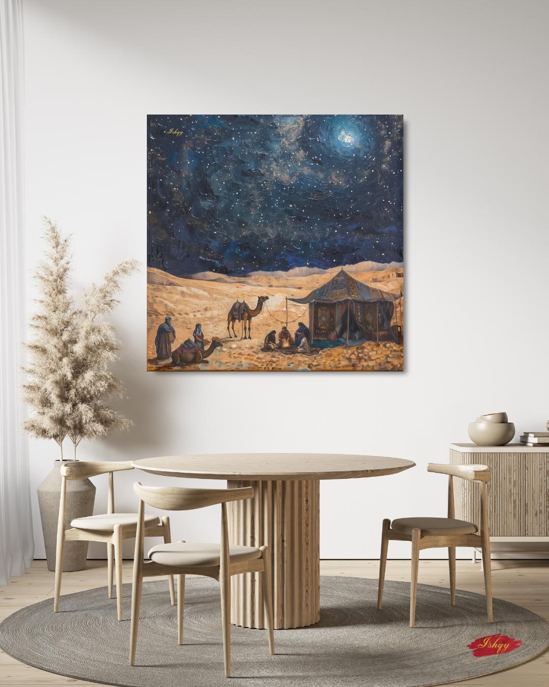 Majlis | Bedouin Desert Gathering Wall Art Canvas Print | IshqyBusiness. Majlis Bedouin desert gathering art print with starry sky & campfire glow. Canvas & framed canvas painting print for living room or hallway decor.