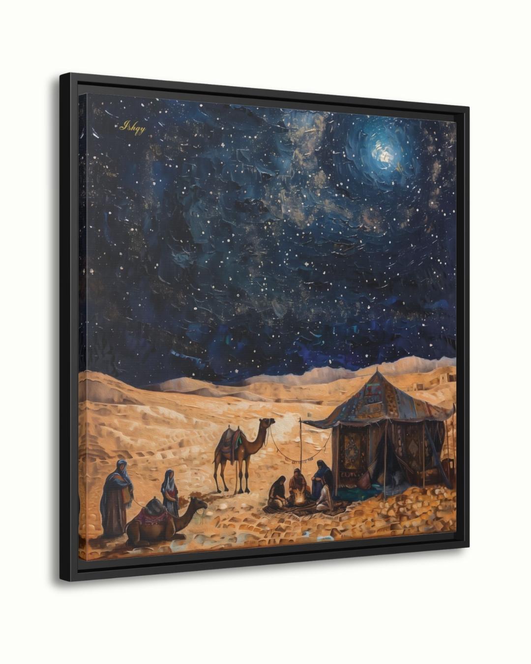 Majlis | Bedouin Desert Gathering Wall Art Canvas Print | IshqyBusiness. Majlis Bedouin desert gathering art print with starry sky & campfire glow. Canvas & framed canvas painting print for living room or hallway decor.