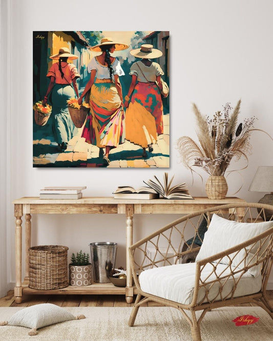 Soleras | Mexican Women Walking Wall Art Canvas Print | IshqyBusiness. Soleras Mexican women walking art print with warm hues & cultural charm. Canvas & framed canvas painting print for kitchen, hallway, or living room decor.