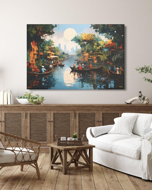 Mekong Floating Market Painting, Canvas & Framed Canvas Vietnam Wall Art, Traditional Asian River Scene Home Decor Art Print