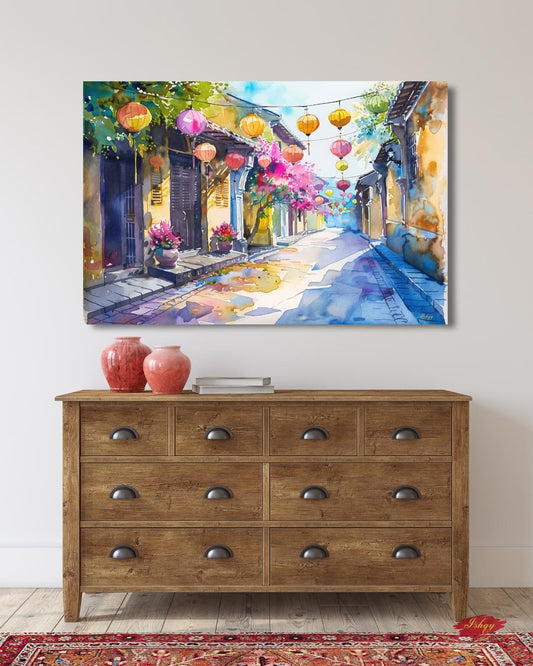 Hoi An Street Scene Painting, Canvas & Framed Canvas Vietnam Wall Art, Watercolor Vietnamese Cityscape Home Decor Art Print