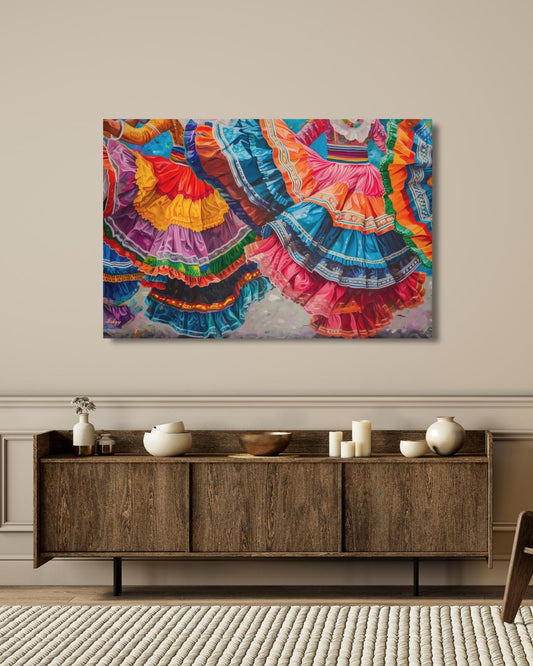 Mexican Dancers Canvas & Framed Canvas Wall Art, Colorful Folklorico Skirt Painting Print, Vibrant Mexico Dance Home Decor Art Print