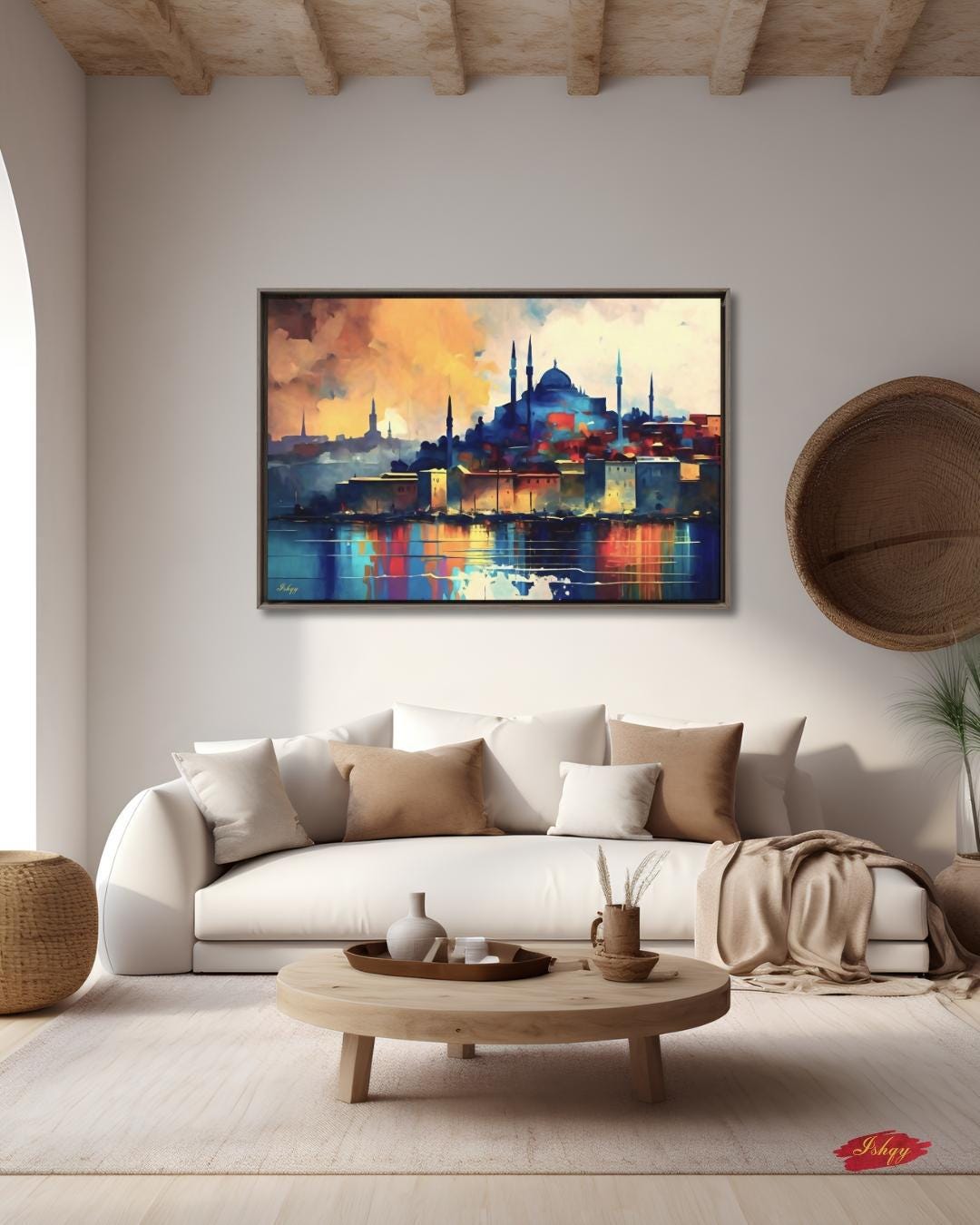 Istanbul Skyline Painting, Canvas & Framed Canvas Turkish Wall Art, Colorful Cityscape Home Decor Art Print