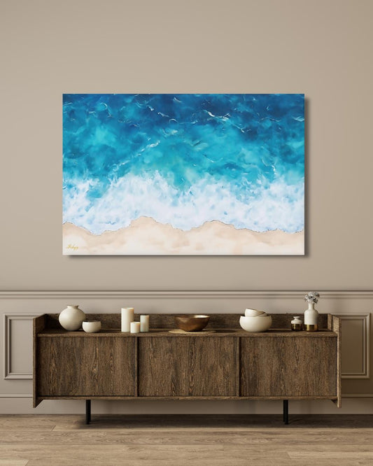 Ocean Wave Beach Canvas & Framed Canvas Wall Art, Coastal Seascape Painting, Tropical Blue Sea Home Decor Art Print