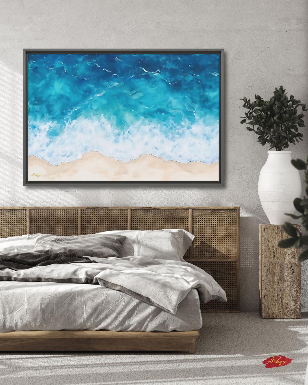 Ocean Wave Beach Canvas & Framed Canvas Wall Art, Coastal Seascape Painting, Tropical Blue Sea Home Decor Art Print