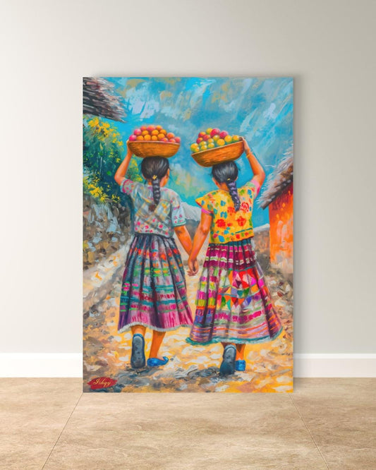 Guatemalan Sisters Painting, Canvas & Framed Canvas Latin Wall Art, Colorful Central American Home Decor Art Print
