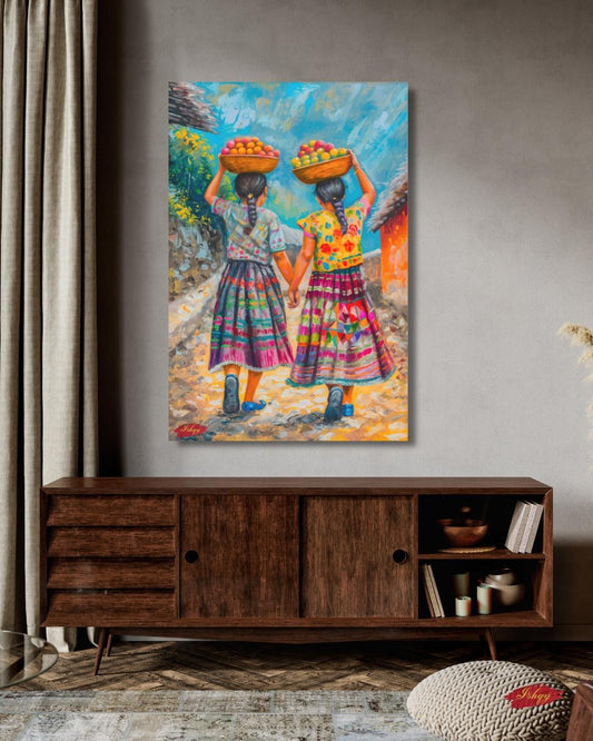 Guatemalan Sisters Painting, Canvas & Framed Canvas Latin Wall Art, Colorful Central American Home Decor Art Print