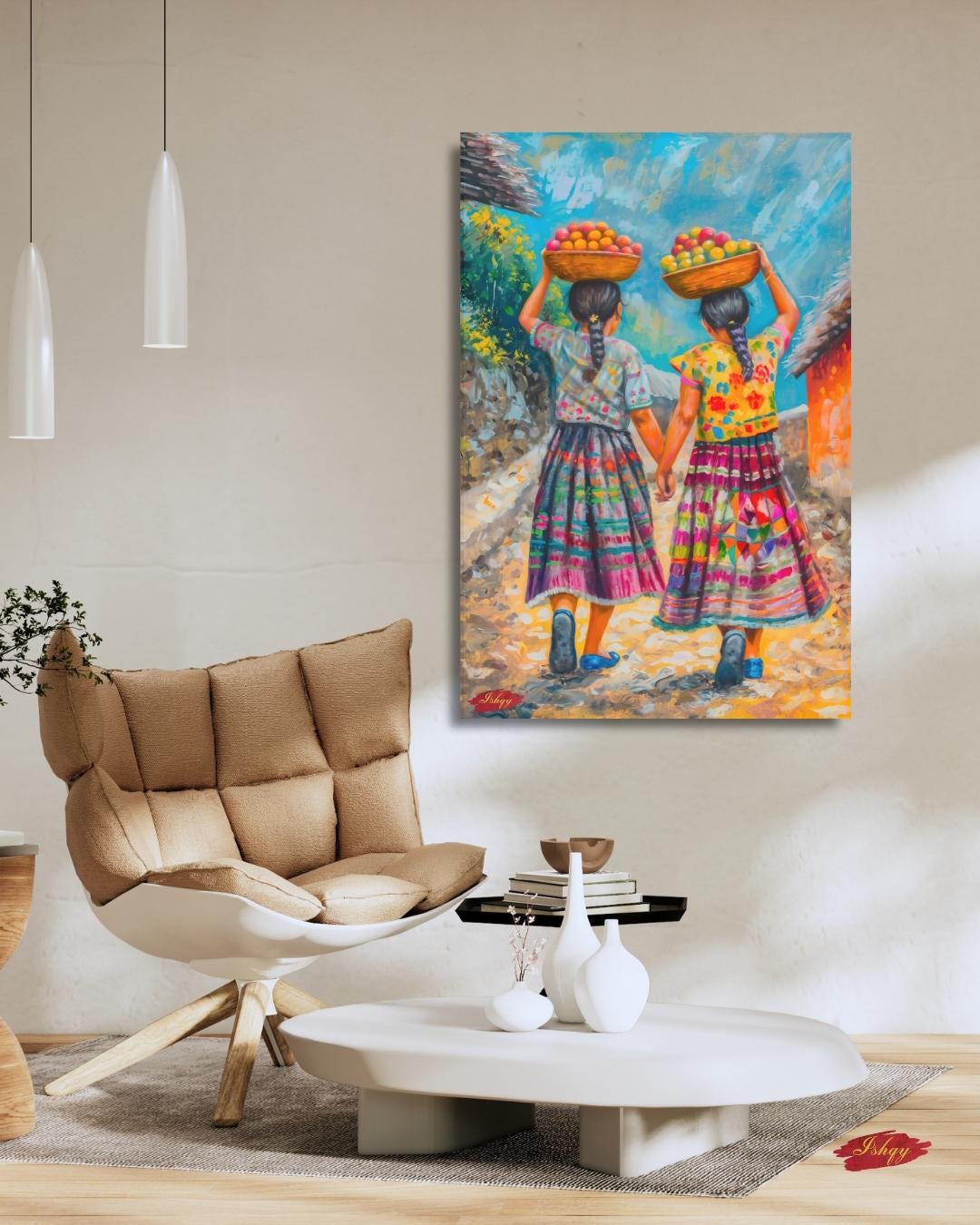 Guatemalan Sisters Painting, Canvas & Framed Canvas Latin Wall Art, Colorful Central American Home Decor Art Print