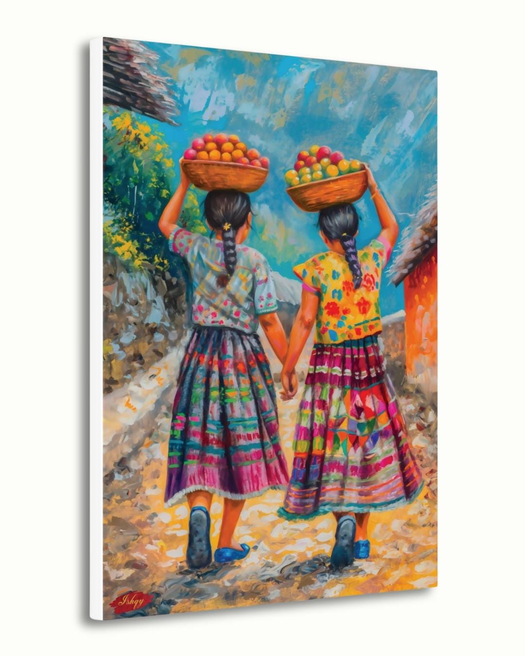 Guatemalan Sisters Painting, Canvas & Framed Canvas Latin Wall Art, Colorful Central American Home Decor Art Print