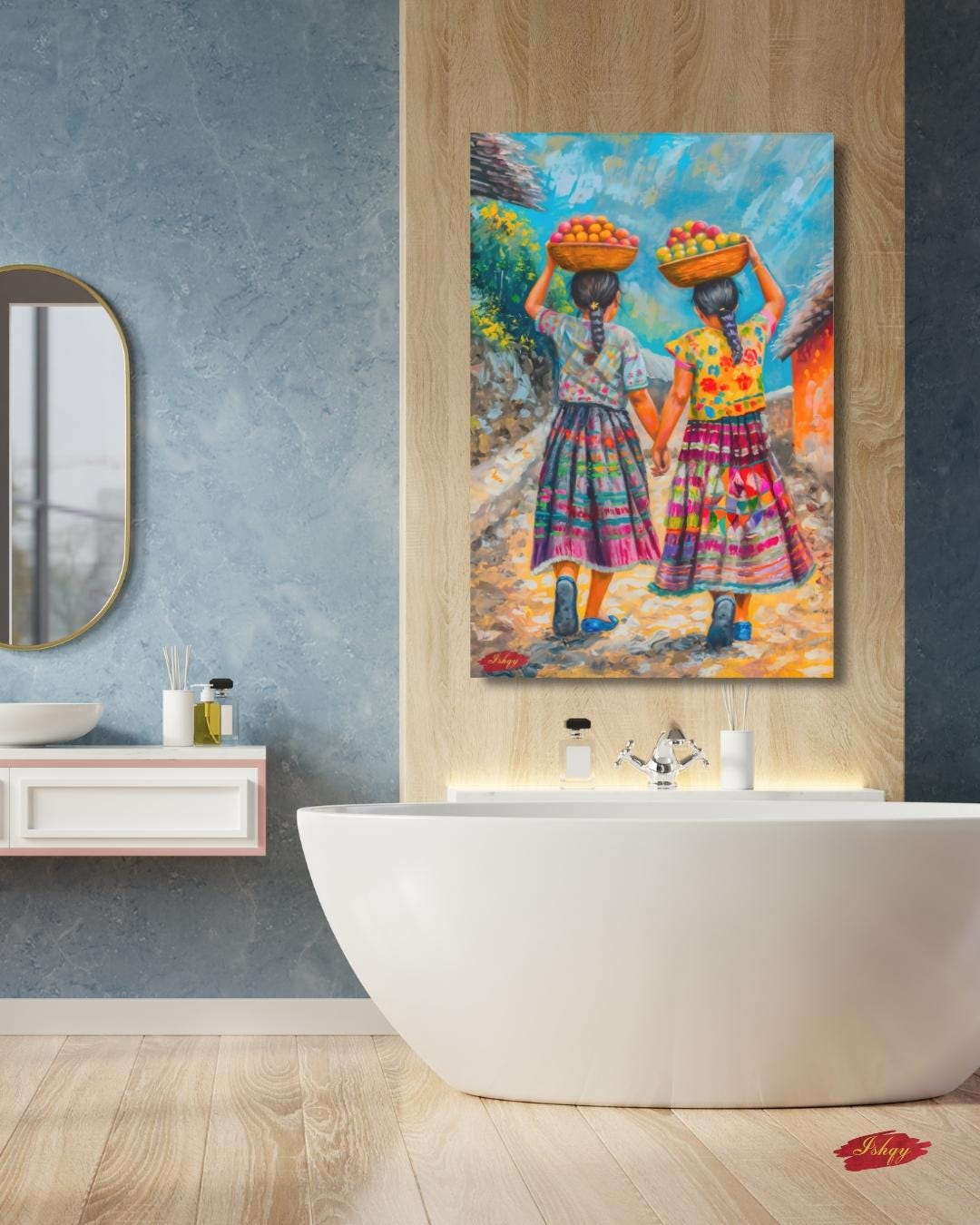 Guatemalan Sisters Painting, Canvas & Framed Canvas Latin Wall Art, Colorful Central American Home Decor Art Print