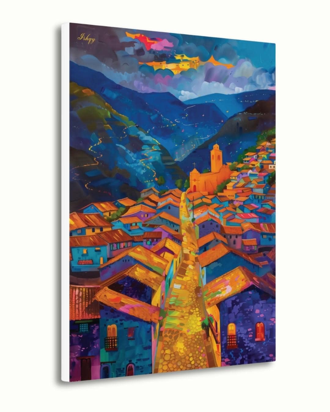 Cuzco Peru Wall Art Print, Vibrant Cityscape Canvas Painting, Colorful Andean Home Decor, Framed Wall Art, Gift for Her or Living Room. Cuzco at Twilight Peruvian cityscape art print with warm tones & mountain charm. Canvas & framed canv