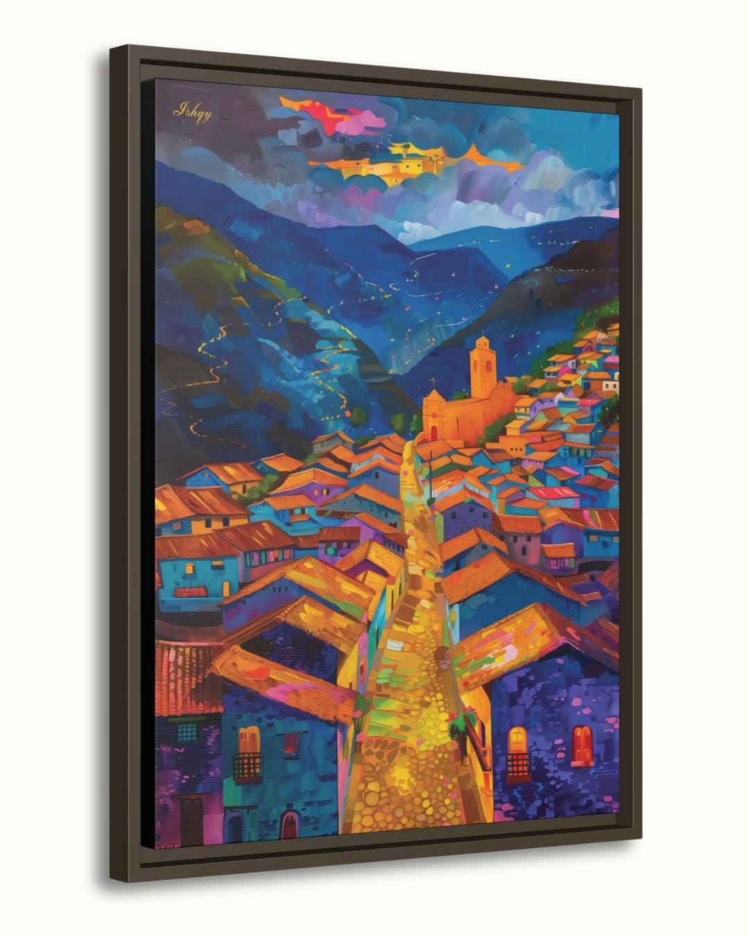 Cuzco Peru Wall Art Print, Vibrant Cityscape Canvas Painting, Colorful Andean Home Decor, Framed Wall Art, Gift for Her or Living Room. Cuzco at Twilight Peruvian cityscape art print with warm tones & mountain charm. Canvas & framed canv