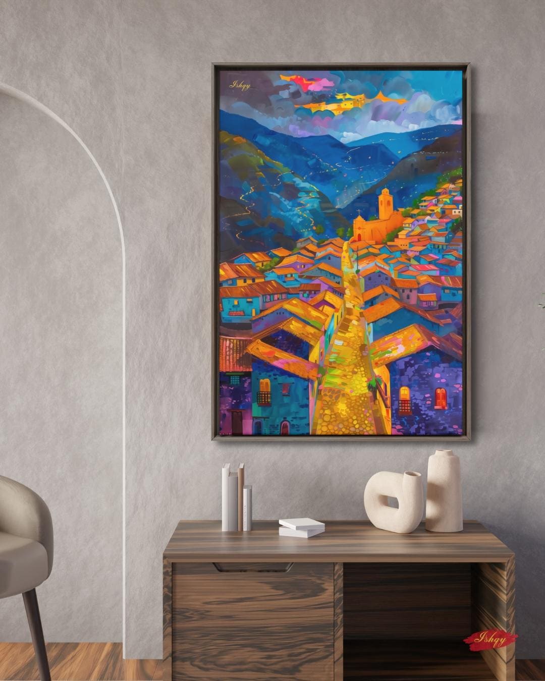 Cuzco Peru Wall Art Print, Vibrant Cityscape Canvas Painting, Colorful Andean Home Decor, Framed Wall Art, Gift for Her or Living Room. Cuzco at Twilight Peruvian cityscape art print with warm tones & mountain charm. Canvas & framed canv