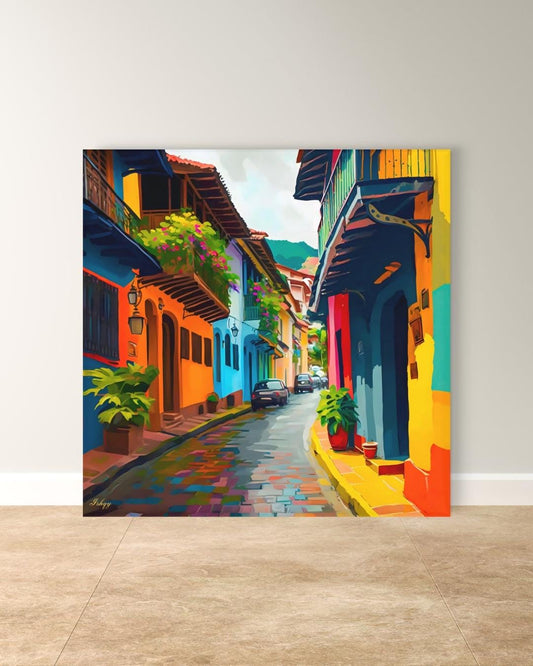 Old Town Cartagena Wall Art, Colorful Street Canvas Print, Colombia Travel Home Decor, Framed Canvas, Colonial City Wall Decor. Ciudad Amurallada Cartagena Old Town art print with colorful streets & historic charm. Canvas & framed canvas pain