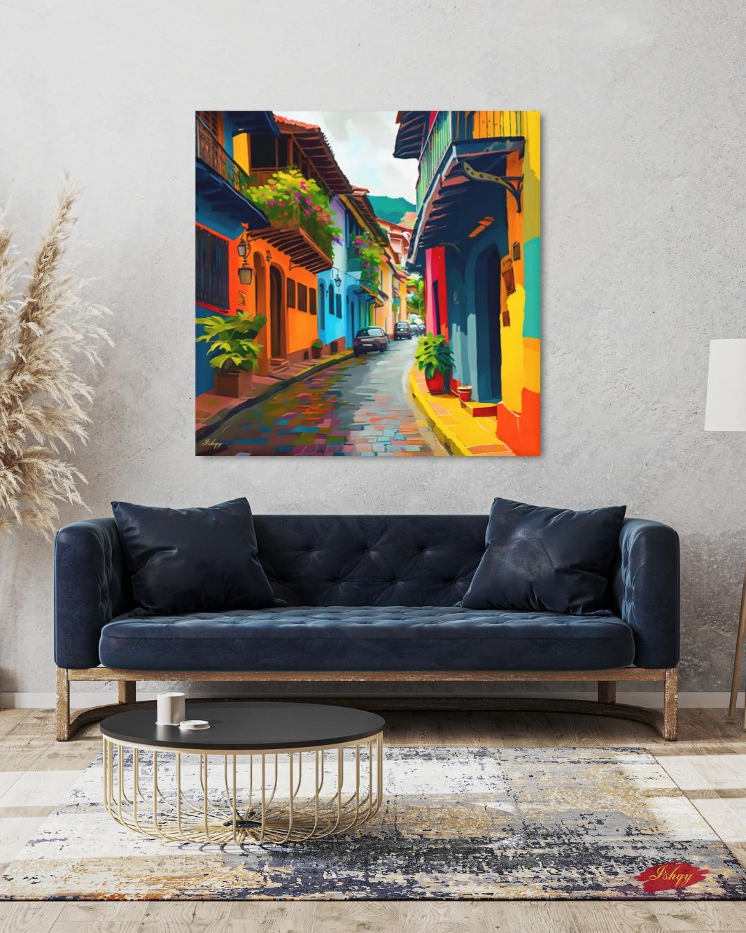 Old Town Cartagena Wall Art, Colorful Street Canvas Print, Colombia Travel Home Decor, Framed Canvas, Colonial City Wall Decor. Ciudad Amurallada Cartagena Old Town art print with colorful streets & historic charm. Canvas & framed canvas pain