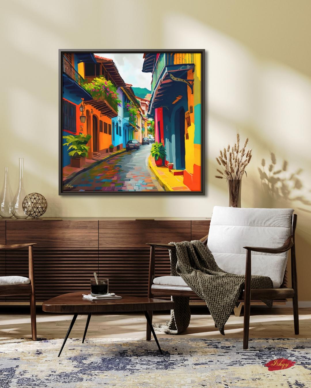 Old Town Cartagena Wall Art, Colorful Street Canvas Print, Colombia Travel Home Decor, Framed Canvas, Colonial City Wall Decor. Ciudad Amurallada Cartagena Old Town art print with colorful streets & historic charm. Canvas & framed canvas pain