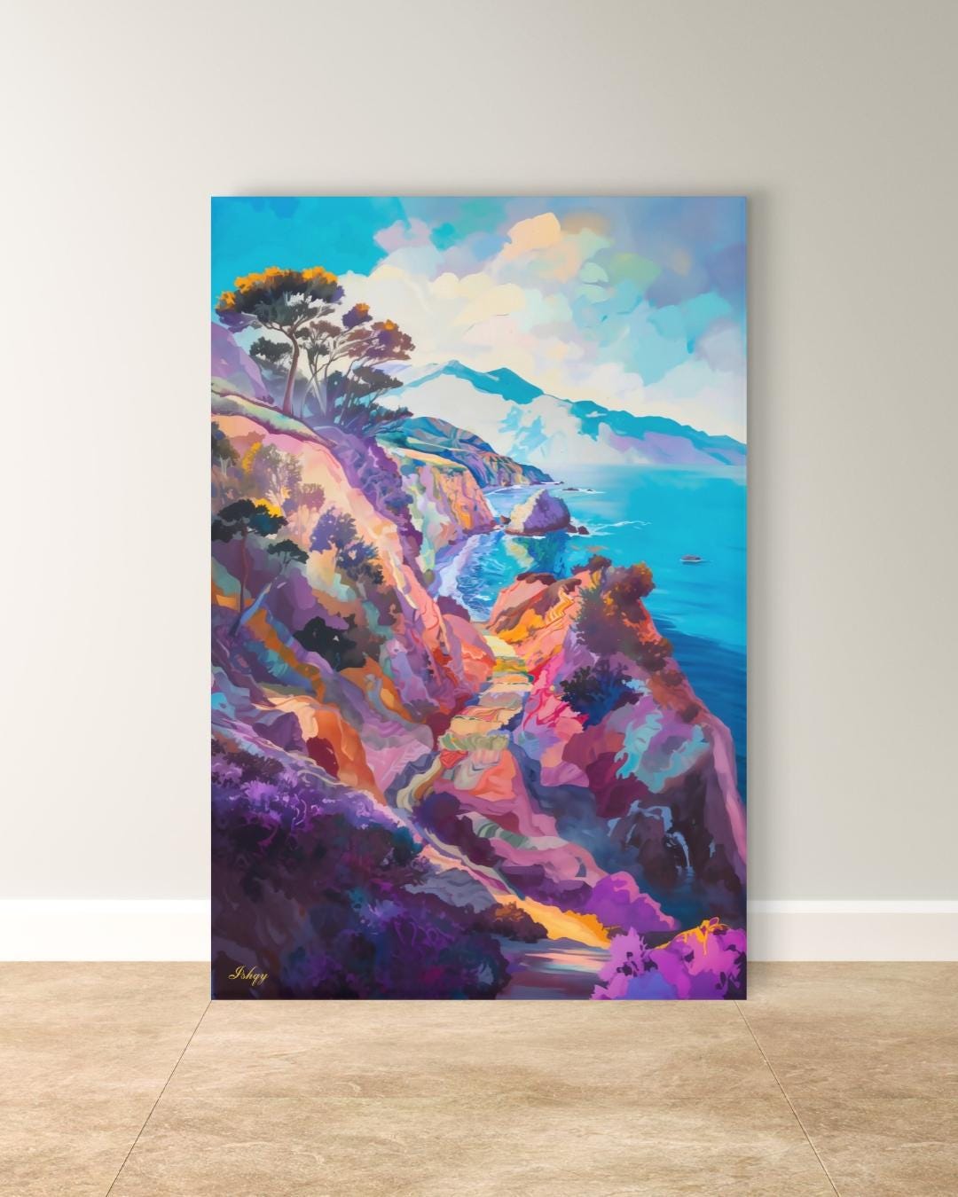 California Coast Wall Art Print, Colorful Ocean Cliff Canvas, Coastal Home Decor, Seaside Framed Wall Art, Beach House Gift Idea. Pacific Song California coast art print with vivid cliffs & turquoise sea. Canvas & framed canvas painting print