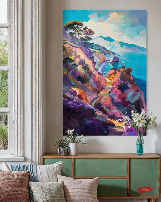 California Coast Wall Art Print, Colorful Ocean Cliff Canvas, Coastal Home Decor, Seaside Framed Wall Art, Beach House Gift Idea. Pacific Song California coast art print with vivid cliffs & turquoise sea. Canvas & framed canvas painting print