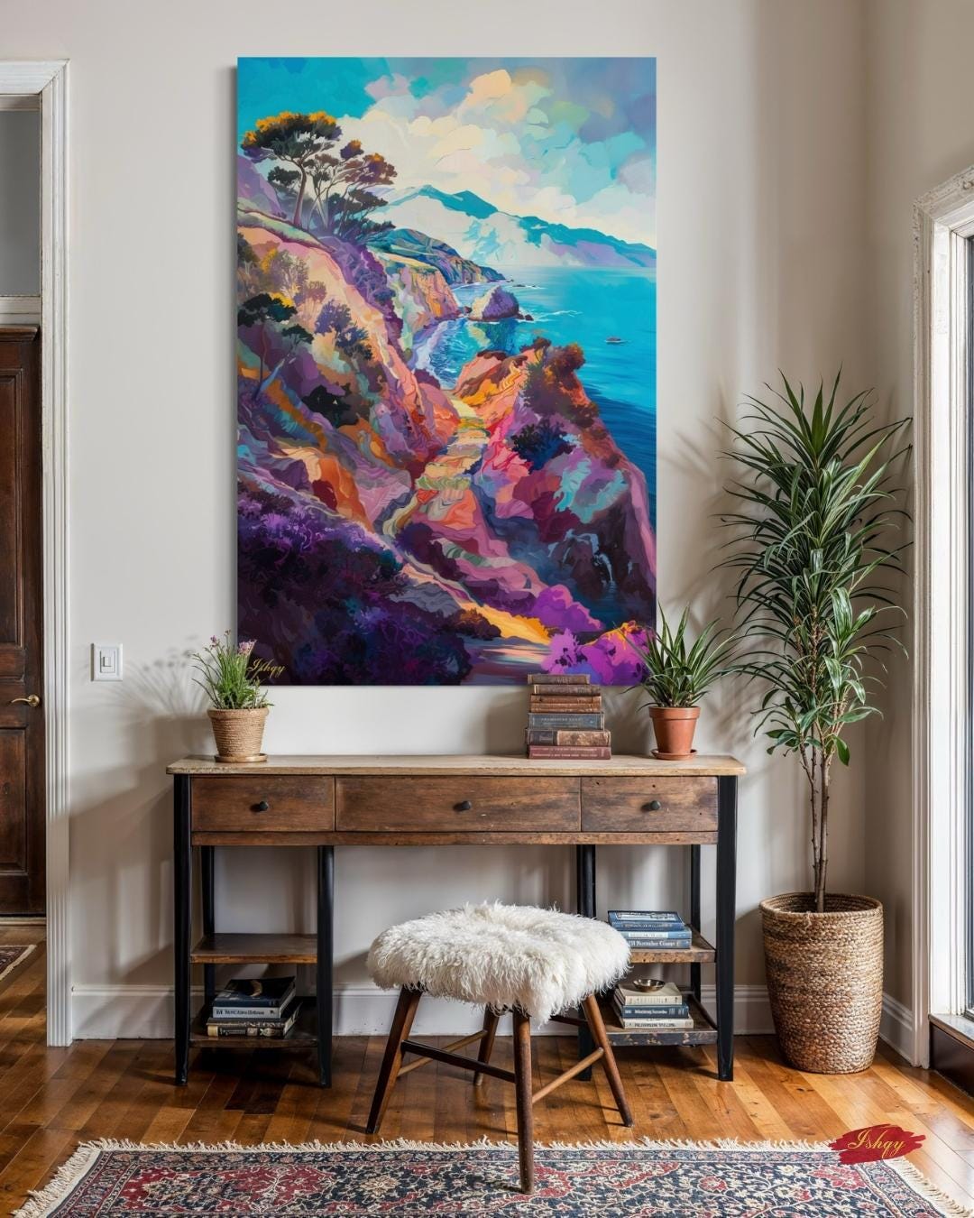 California Coast Wall Art Print, Colorful Ocean Cliff Canvas, Coastal Home Decor, Seaside Framed Wall Art, Beach House Gift Idea. Pacific Song California coast art print with vivid cliffs & turquoise sea. Canvas & framed canvas painting print