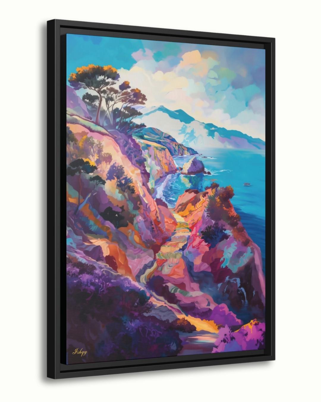 California Coast Wall Art Print, Colorful Ocean Cliff Canvas, Coastal Home Decor, Seaside Framed Wall Art, Beach House Gift Idea. Pacific Song California coast art print with vivid cliffs & turquoise sea. Canvas & framed canvas painting print