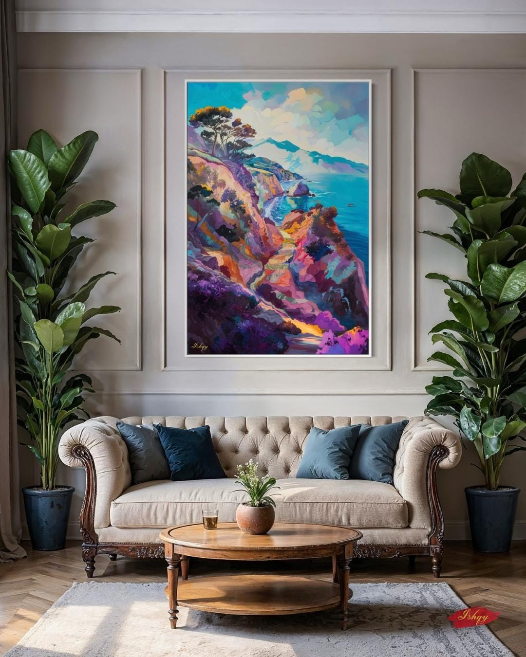 California Coast Wall Art Print, Colorful Ocean Cliff Canvas, Coastal Home Decor, Seaside Framed Wall Art, Beach House Gift Idea. Pacific Song California coast art print with vivid cliffs & turquoise sea. Canvas & framed canvas painting print