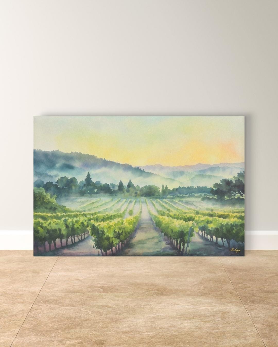 Napa Valley Vineyard Sunrise Painting Print – California Wine Country Landscape Wall Art for Kitchen, Dining Room, or Home Decor. Sunrise Vineyard landscape art print with golden light & misty vines. Canvas & framed canvas painting print for kitchen,