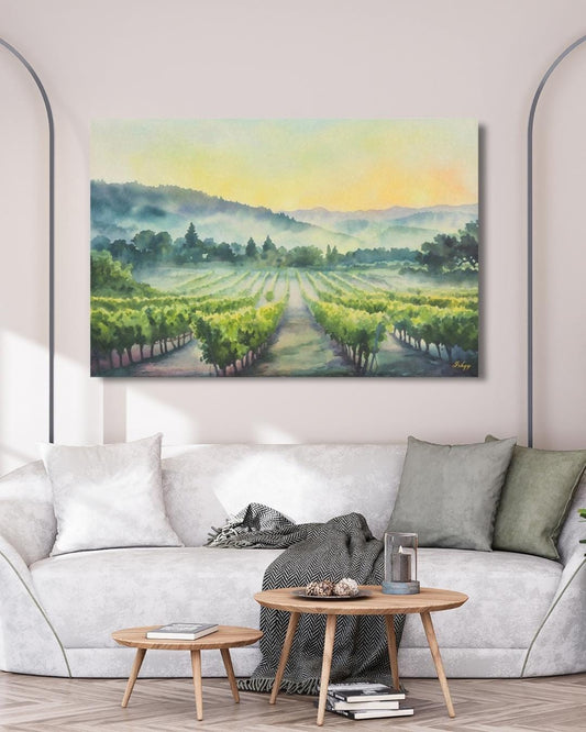 Napa Valley Vineyard Sunrise Painting Print – California Wine Country Landscape Wall Art for Kitchen, Dining Room, or Home Decor. Sunrise Vineyard landscape art print with golden light & misty vines. Canvas & framed canvas painting print for kitchen,