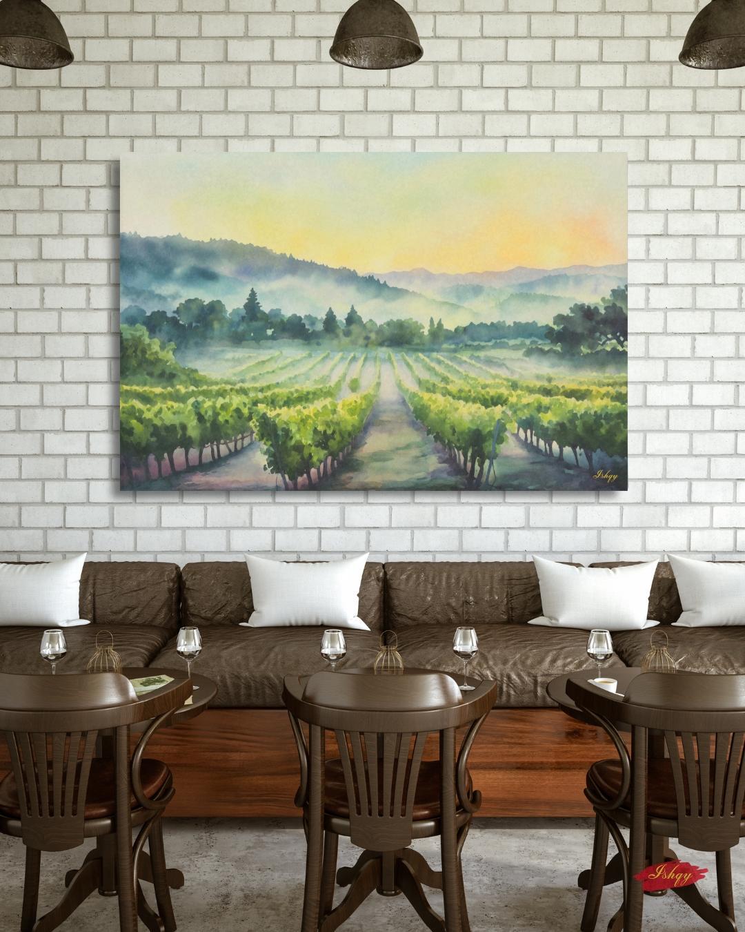 Napa Valley Vineyard Sunrise Painting Print – California Wine Country Landscape Wall Art for Kitchen, Dining Room, or Home Decor. Sunrise Vineyard landscape art print with golden light & misty vines. Canvas & framed canvas painting print for kitchen,