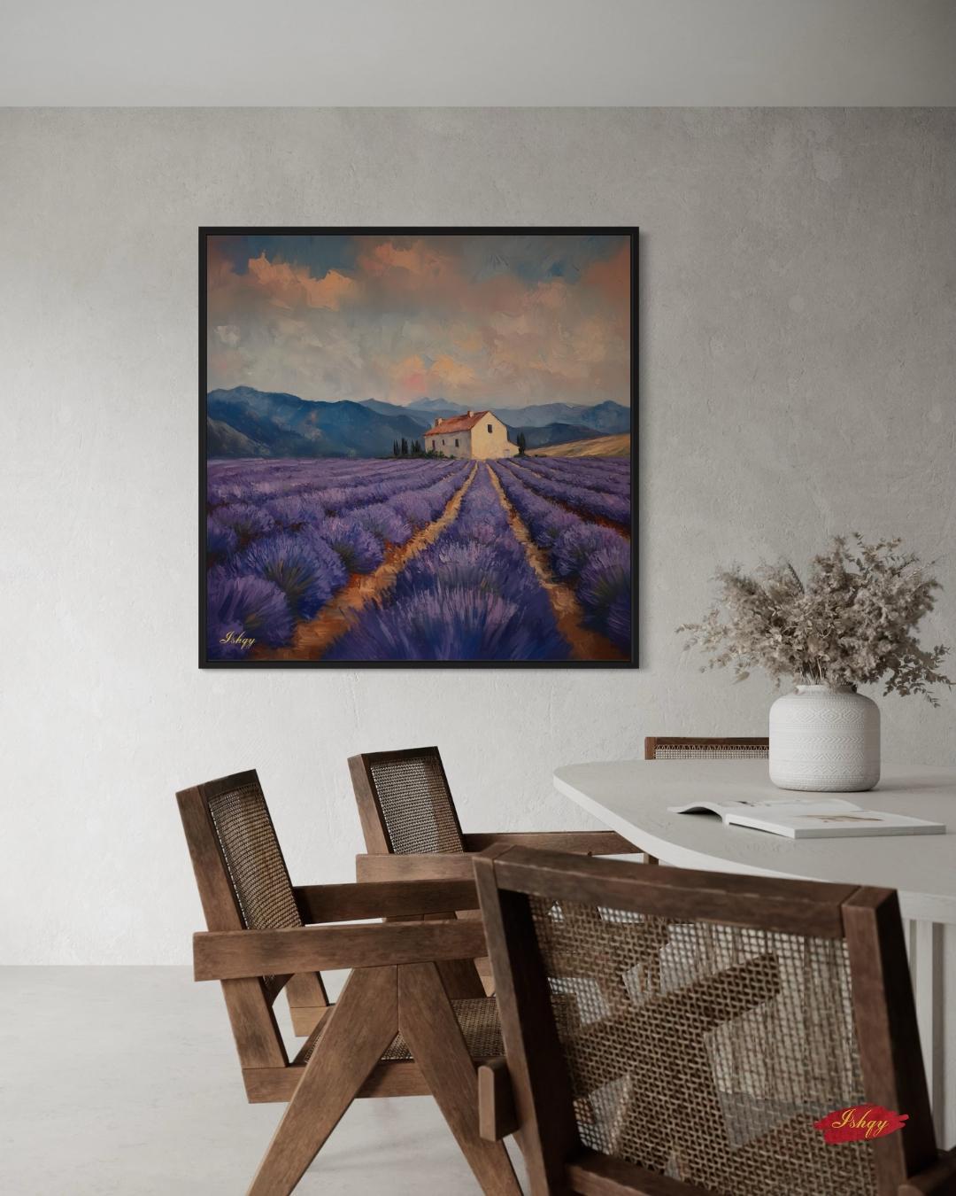 Lavender Fields Provence Wall Art, French Countryside Canvas Print, Purple Landscape Home Decor, Framed Canvas Farmhouse Painting. Champs de Lavande French lavender fields art print with serene blooms & farmhouse. Canvas & framed canvas pain