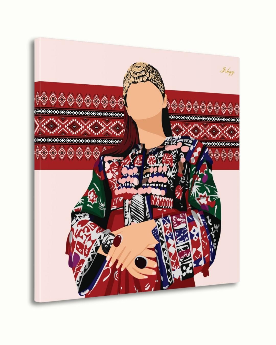 Noor-e-Afghan | Afghan Woman Cultural Wall Art Canvas Print | IshqyBusiness. Noor-e-Afghan Afghan woman art print with bold embroidery & traditional details. Canvas & framed canvas painting print for living room or hallway decor.