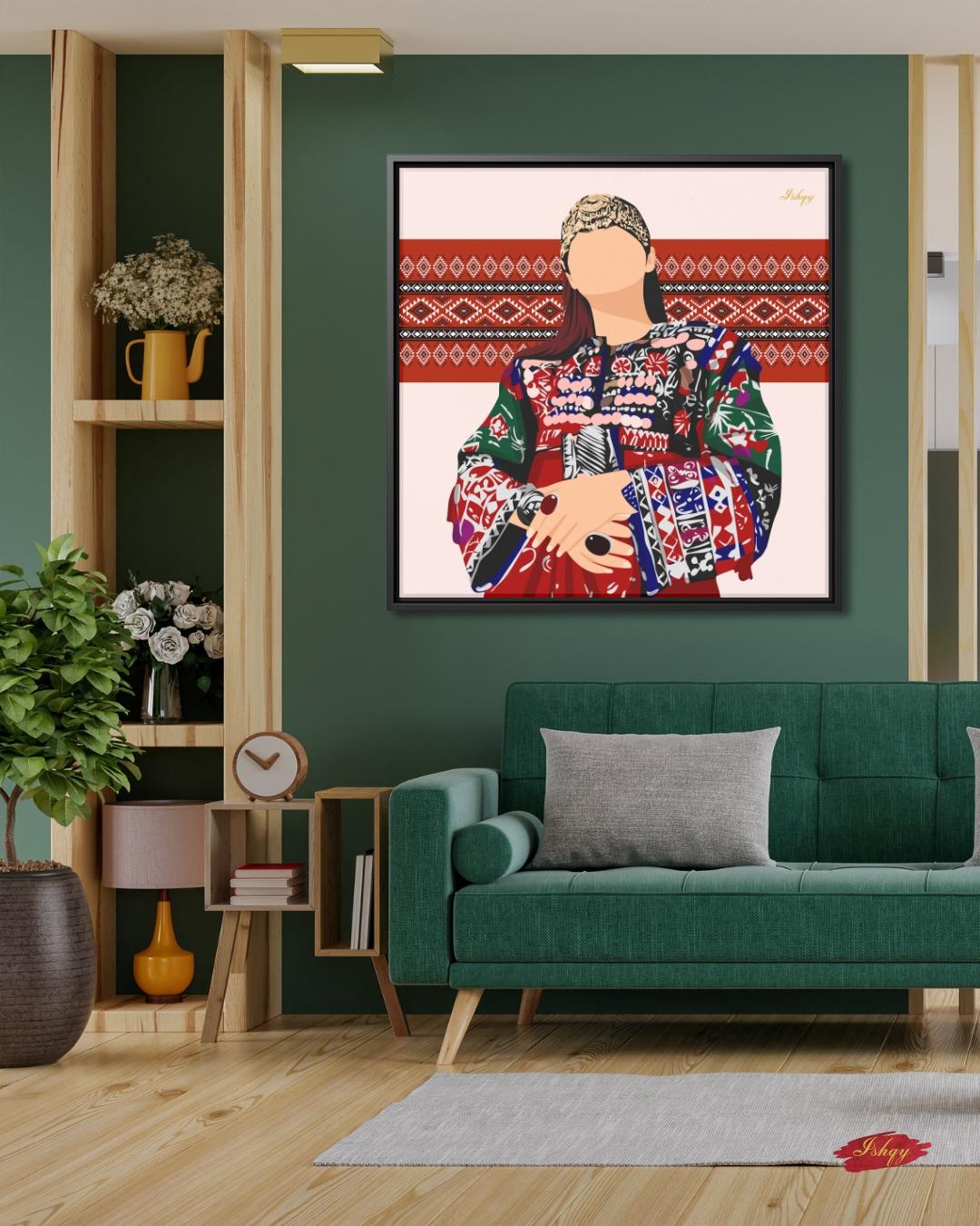 Noor-e-Afghan | Afghan Woman Cultural Wall Art Canvas Print | IshqyBusiness. Noor-e-Afghan Afghan woman art print with bold embroidery & traditional details. Canvas & framed canvas painting print for living room or hallway decor.