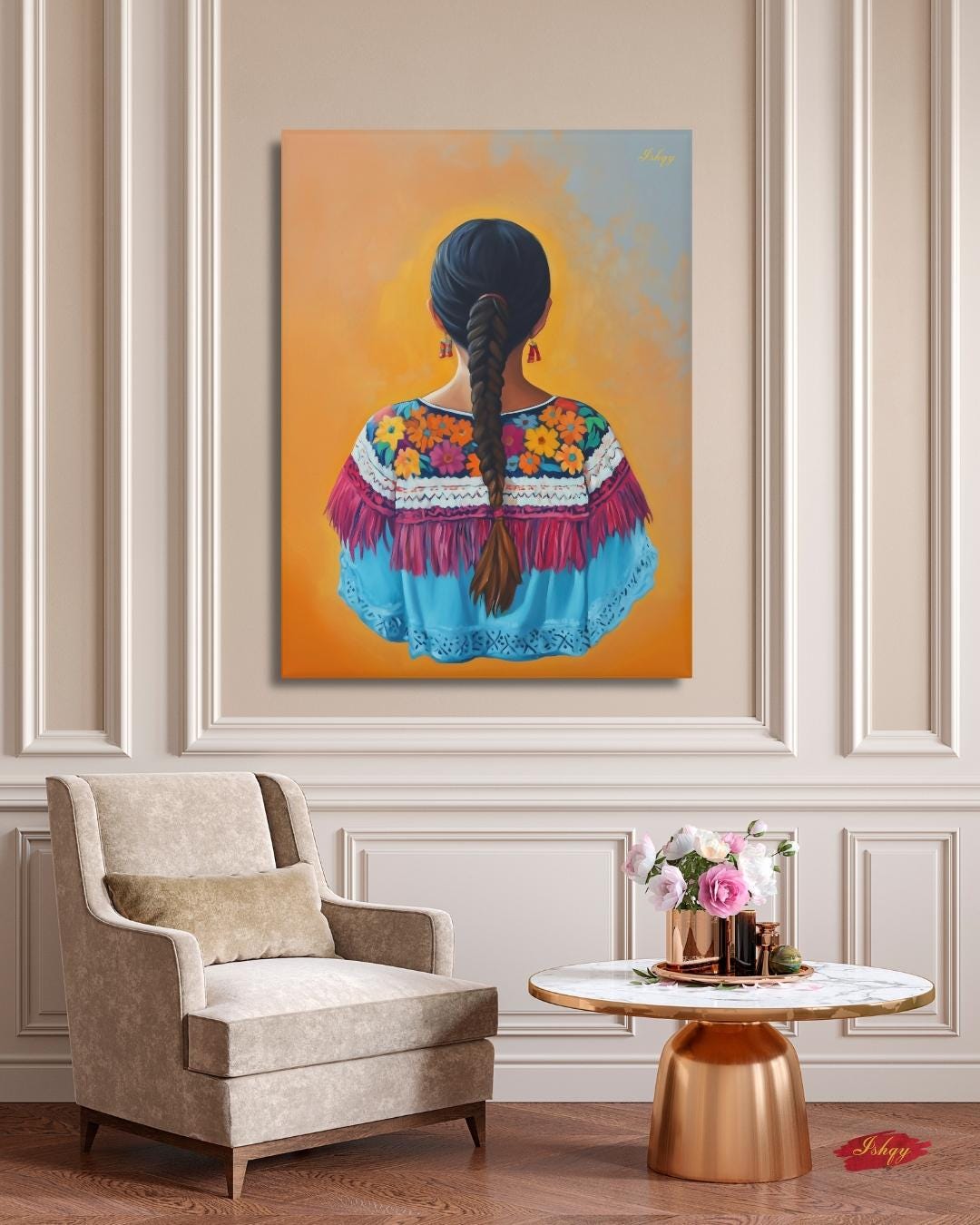 Flor de Oaxaca | Mexican Woman Wall Art Print on Canvas | IshqyBusiness. Celebrate the beauty of Oaxacan womanhood with this vibrant wall art print. Bold flowers, embroidery & braid silhouette on canvas or framed canvas.