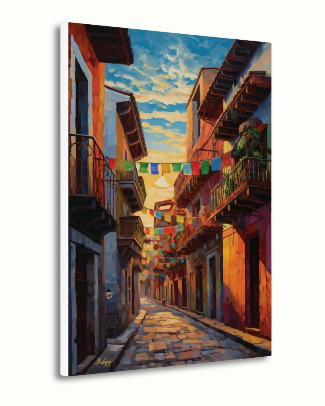 Mexican Street Canvas Wall Art, Jalisco Architecture Painting Print, Colorful Framed Canvas, Mexico Wall Decor, Gift for Her, Art Print.Bring golden Mexican streets into your space with this vibrant Jalisco wall art print, glowing with colonial charm