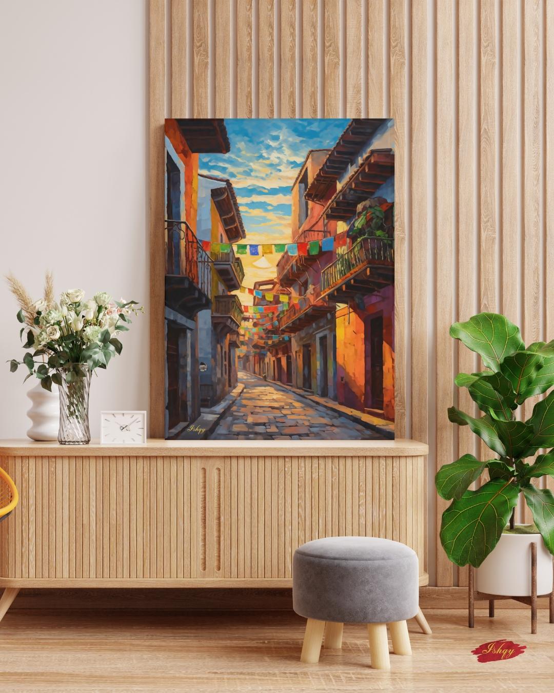 Mexican Street Canvas Wall Art, Jalisco Architecture Painting Print, Colorful Framed Canvas, Mexico Wall Decor, Gift for Her, Art Print.Bring golden Mexican streets into your space with this vibrant Jalisco wall art print, glowing with colonial charm
