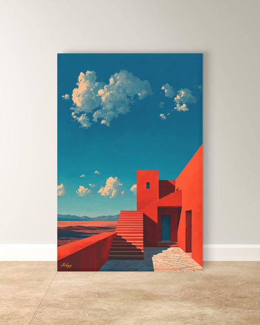Jalisco Architecture Wall Art, Mexico Red House Canvas Print, Bold Travel Art, Framed Modern Home Decor, Cultural Painting Gift Idea. Casa del Viento | Modern Jalisco Architecture Wall Art | Canvas Print | IshqyBusiness