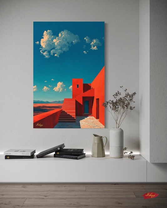 Jalisco Architecture Wall Art, Mexico Red House Canvas Print, Bold Travel Art, Framed Modern Home Decor, Cultural Painting Gift Idea. Casa del Viento | Modern Jalisco Architecture Wall Art | Canvas Print | IshqyBusiness