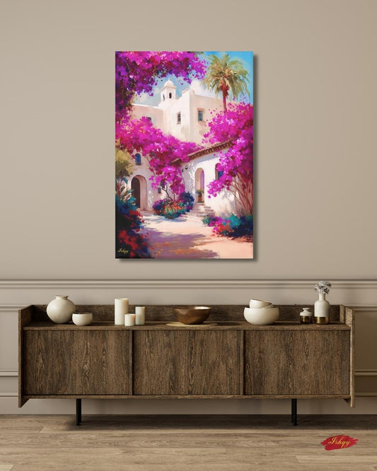 Bougainvillea Wall Art Print, Spanish Mission Canvas, Pink Floral Painting, Framed Canvas or Art Print, Vibrant Mexico Home Decor Gift. Bring warmth and color home with this Mexican courtyard wall art print. Casa Bugambilia features vibrant bougainvi