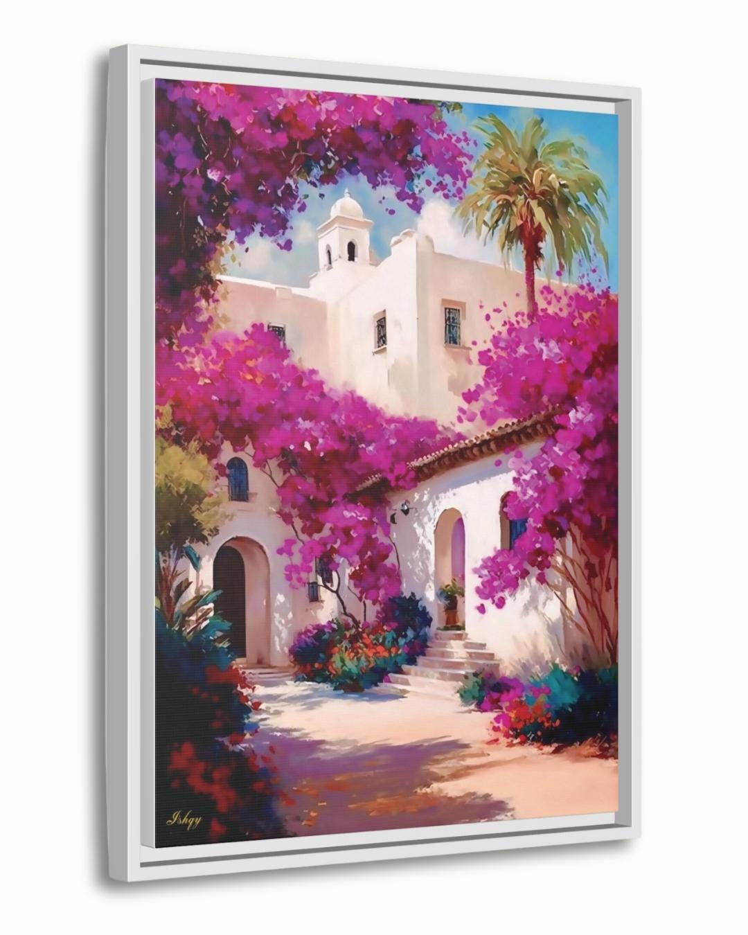 Bougainvillea Wall Art Print, Spanish Mission Canvas, Pink Floral Painting, Framed Canvas or Art Print, Vibrant Mexico Home Decor Gift. Bring warmth and color home with this Mexican courtyard wall art print. Casa Bugambilia features vibrant bougainvi