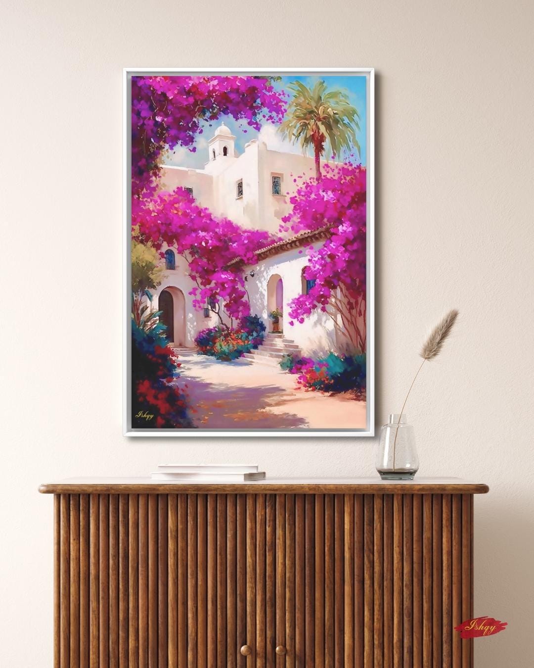 Bougainvillea Wall Art Print, Spanish Mission Canvas, Pink Floral Painting, Framed Canvas or Art Print, Vibrant Mexico Home Decor Gift. Bring warmth and color home with this Mexican courtyard wall art print. Casa Bugambilia features vibrant bougainvi